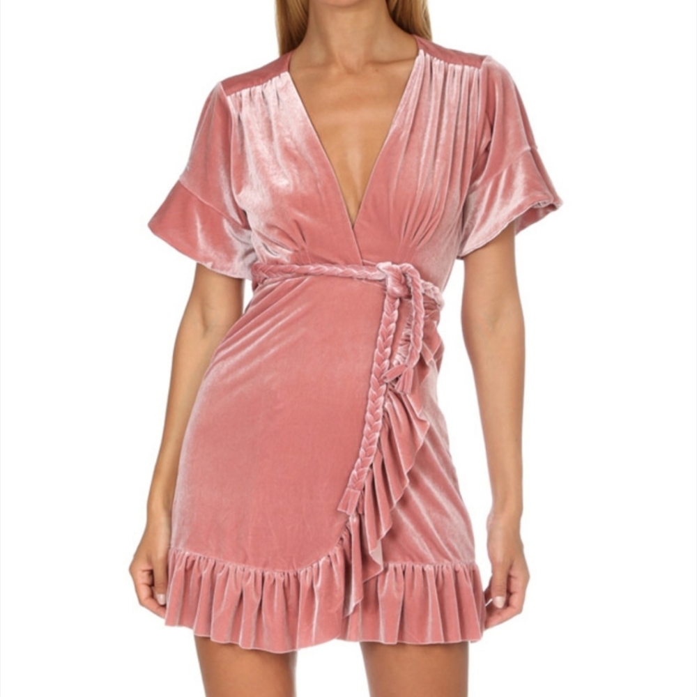 Misa Los Angeles Desma Pink‎ Velvet Wrap Dress XS Ruffle Mini Short Sleeve